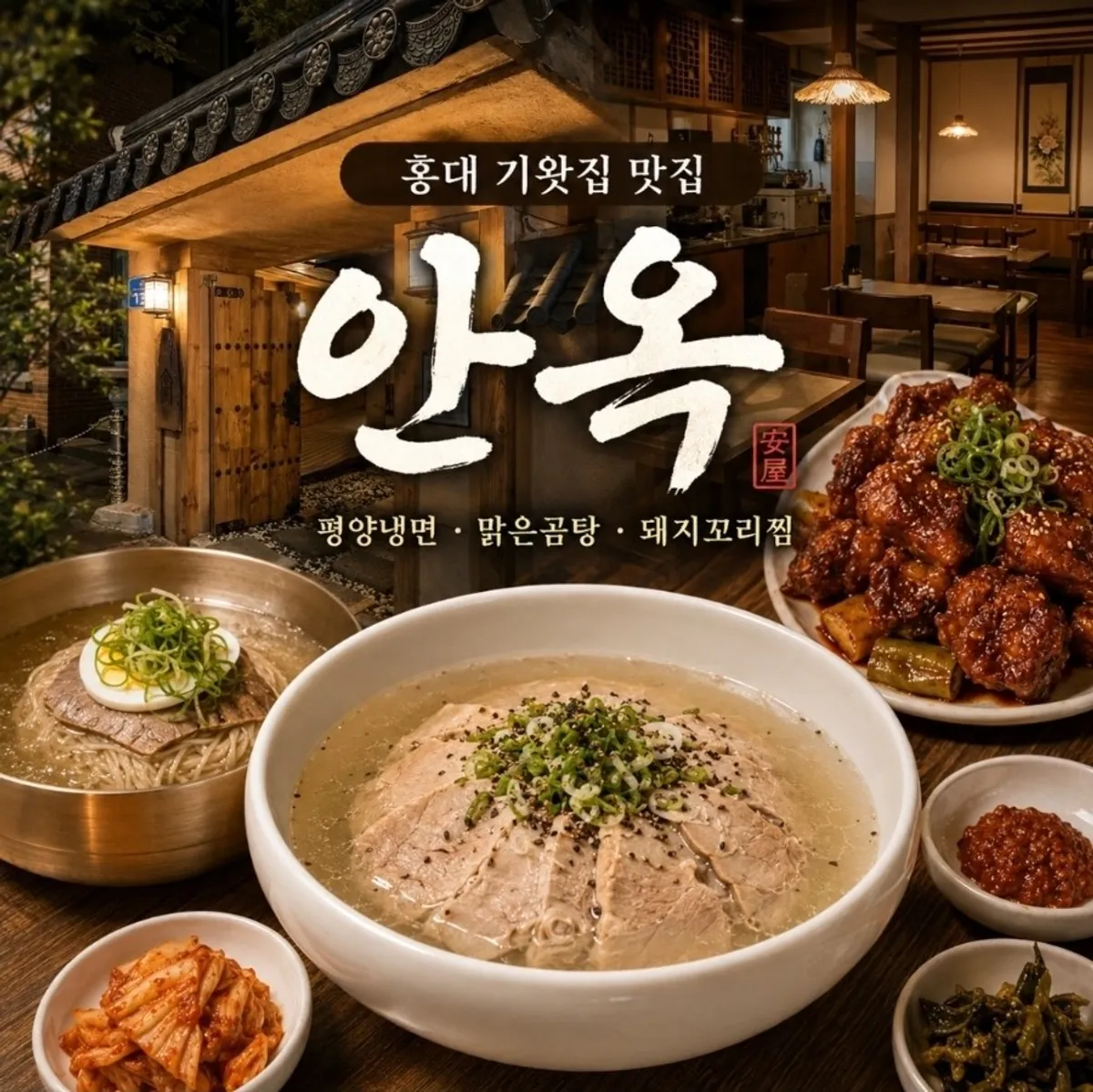 Table spread of Pyongyang naengmyeon and clear gomtang at the Hongdae Korean restaurant Anok