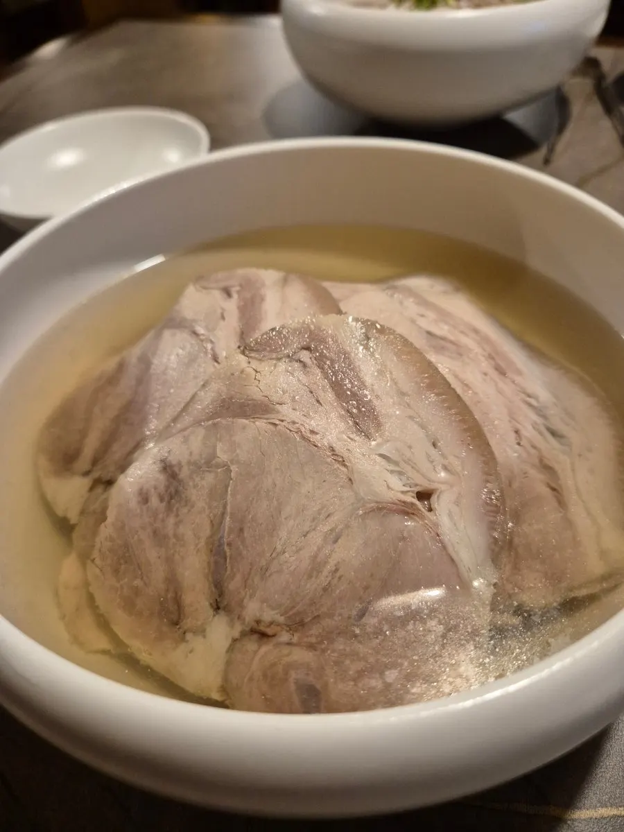 Close-up of noodles and meat in Anok's Pyongyang naengmyeon