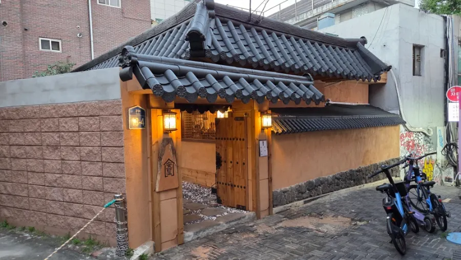 Hanok-style exterior of Anok near Hongik University Station