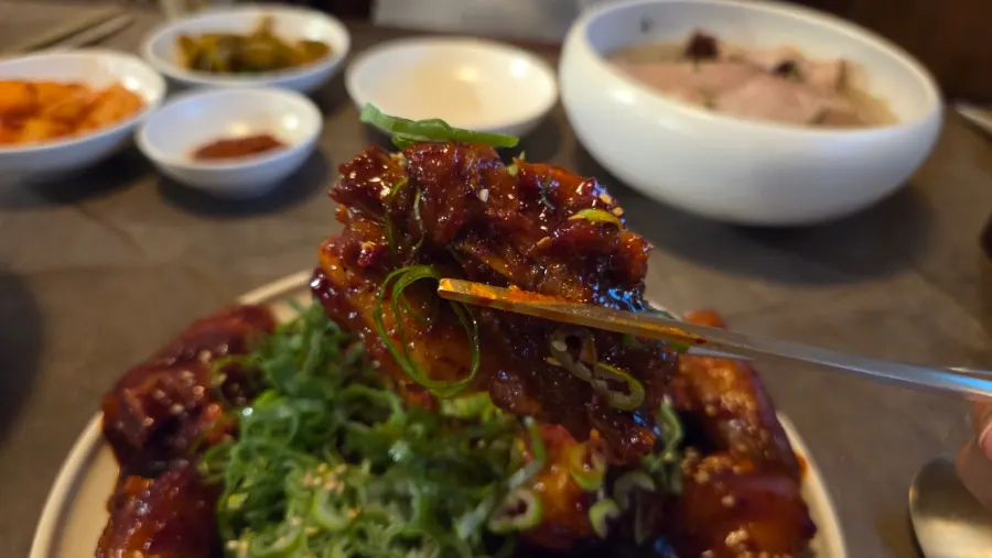 Close-up of a generous portion of steamed pork tail