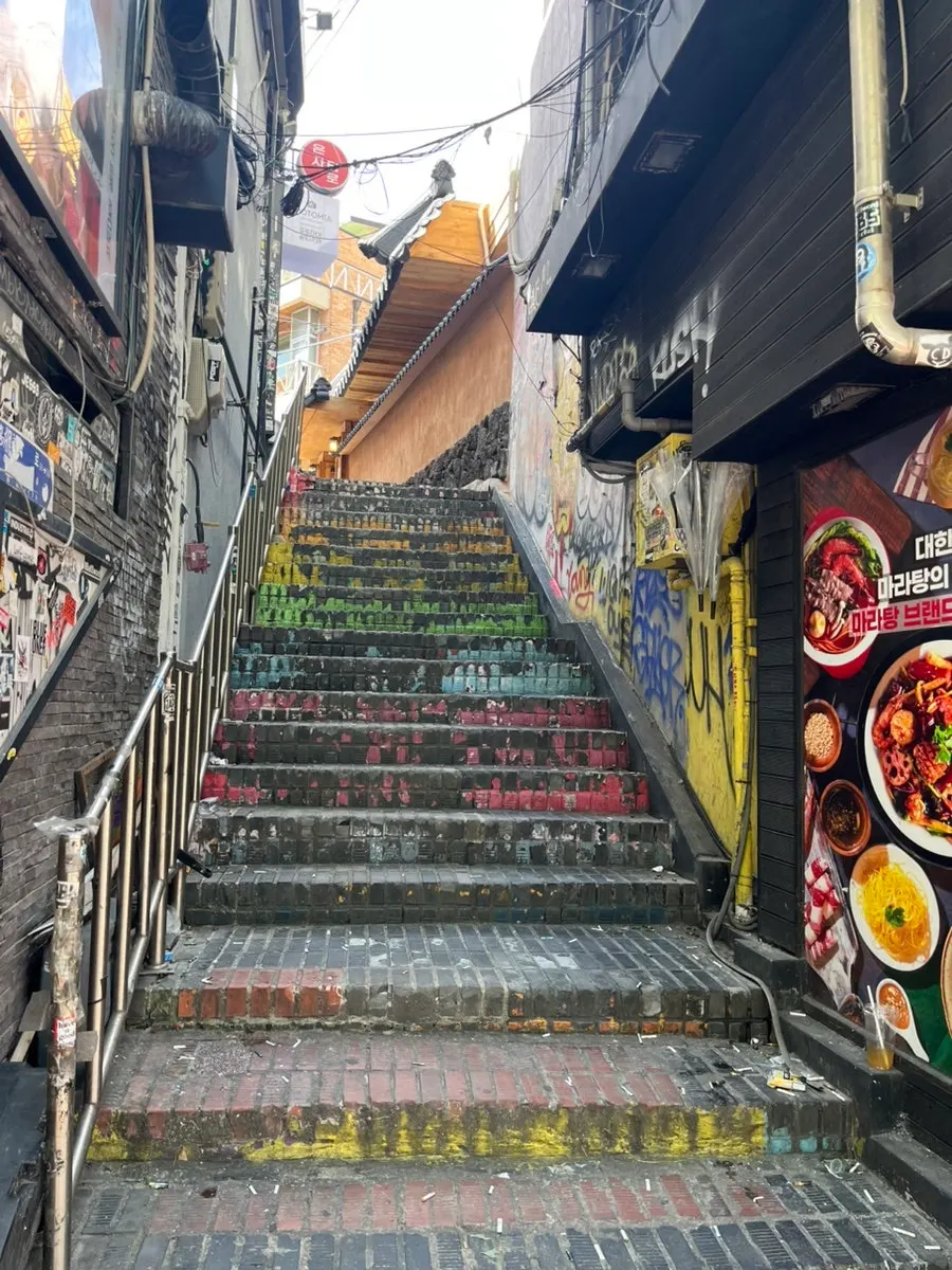 Staircase up a Hongdae back alley leading to Anok