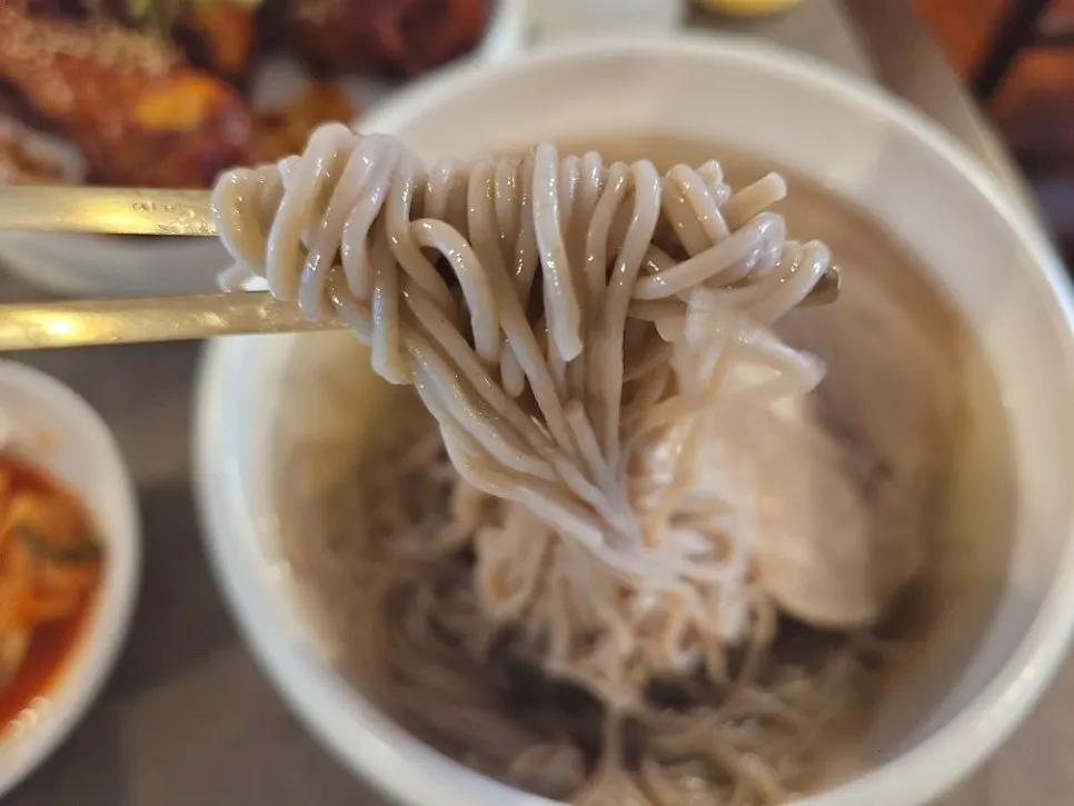 젓가락으로 들어 올린 평양냉면 면발