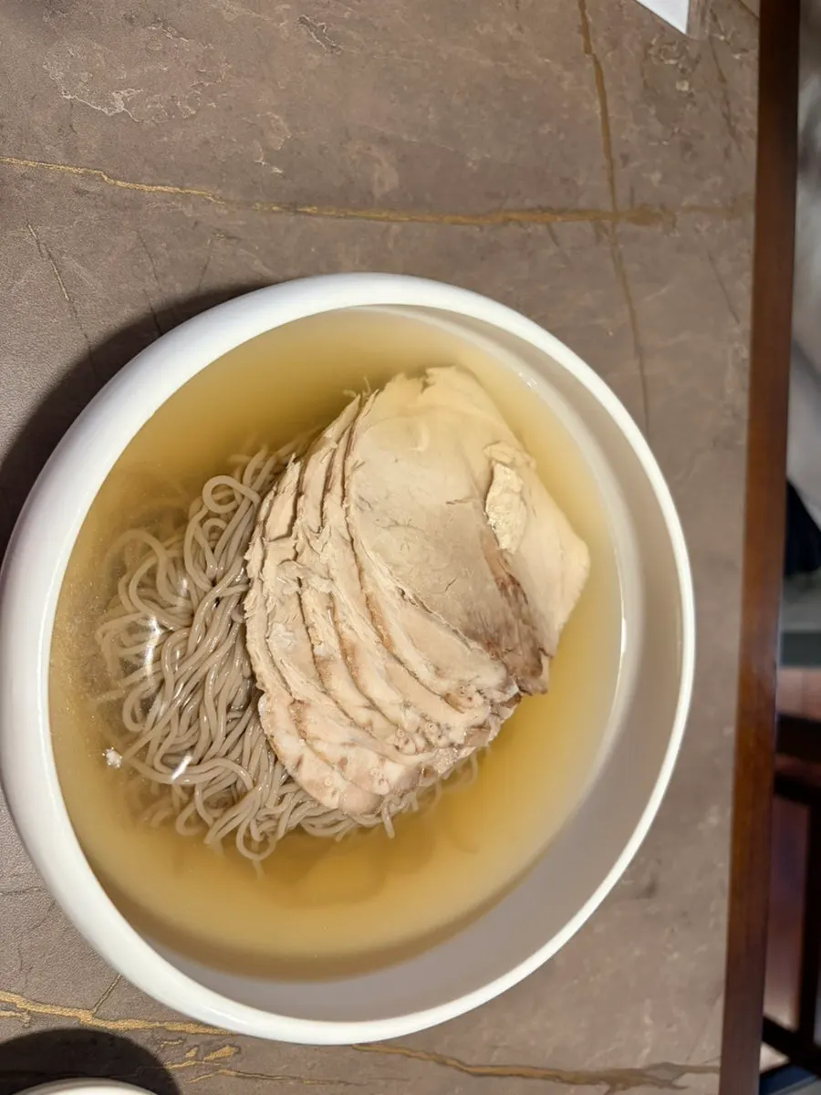 Close-up of the naengmyeon noodles and toppings
