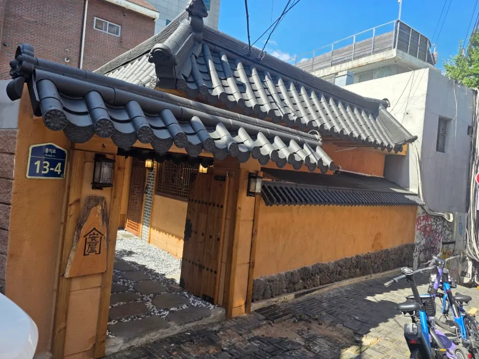 Exterior of Anok, a hanok restaurant in a Seogyo-dong alley in Hongdae