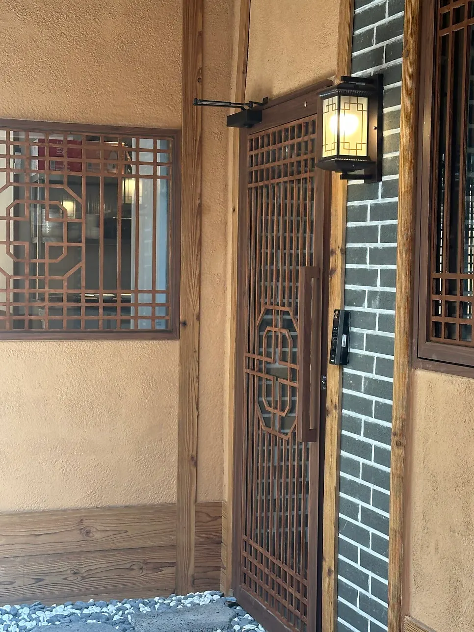 Architectural detail of Anok's hanok building