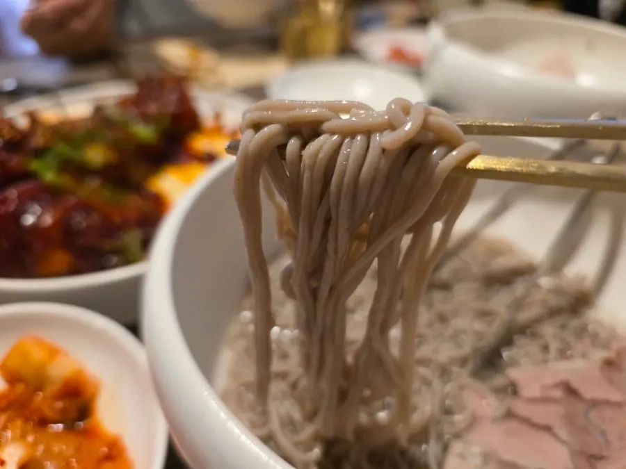 얇게 썬 고기가 올라간 안옥 평양냉면