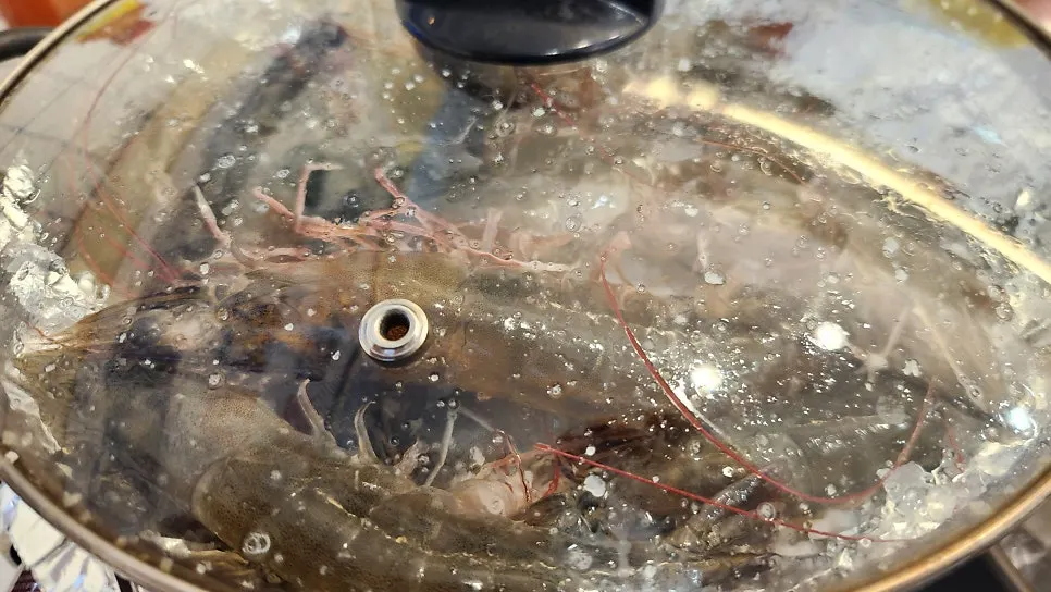 Fresh shrimp flapping in the pot