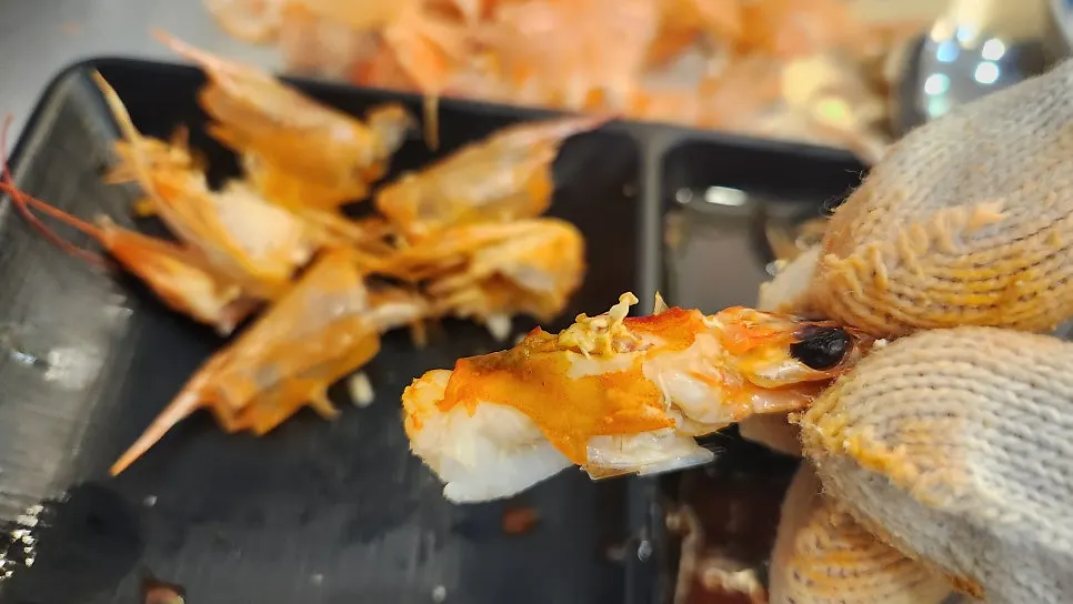 Close-up of a nicely grilled shrimp head