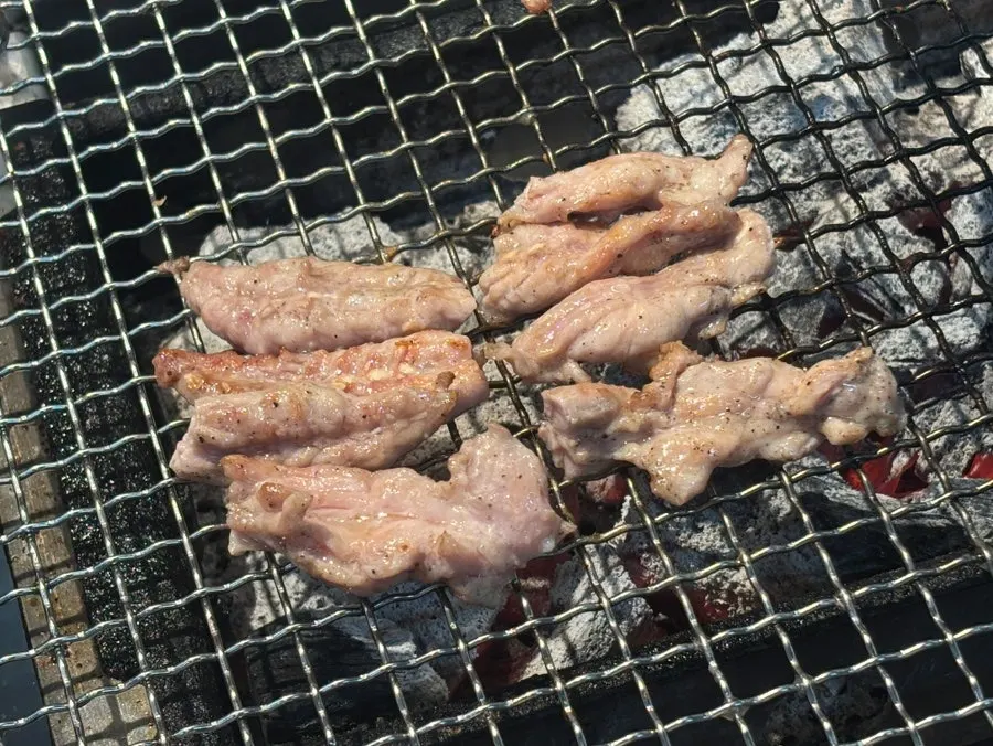 Seasoned chicken neck and pork belly grilling on the plate