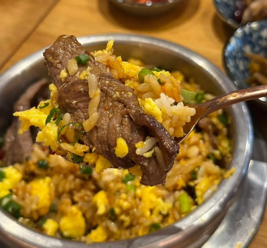 A mixed spoonful of steak pot rice