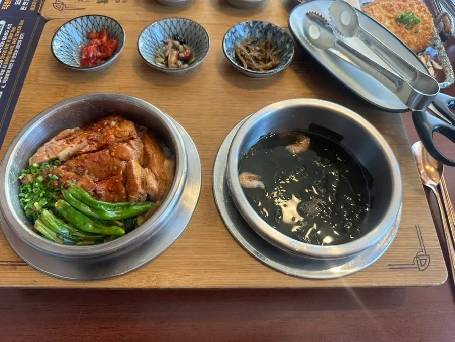 Main course spread featuring yakitori pot rice