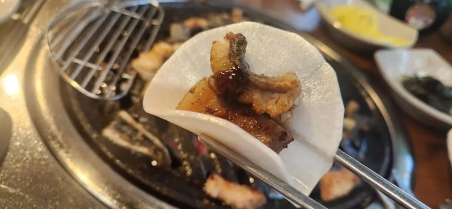 Pork belly topped with garlic and ssamjang