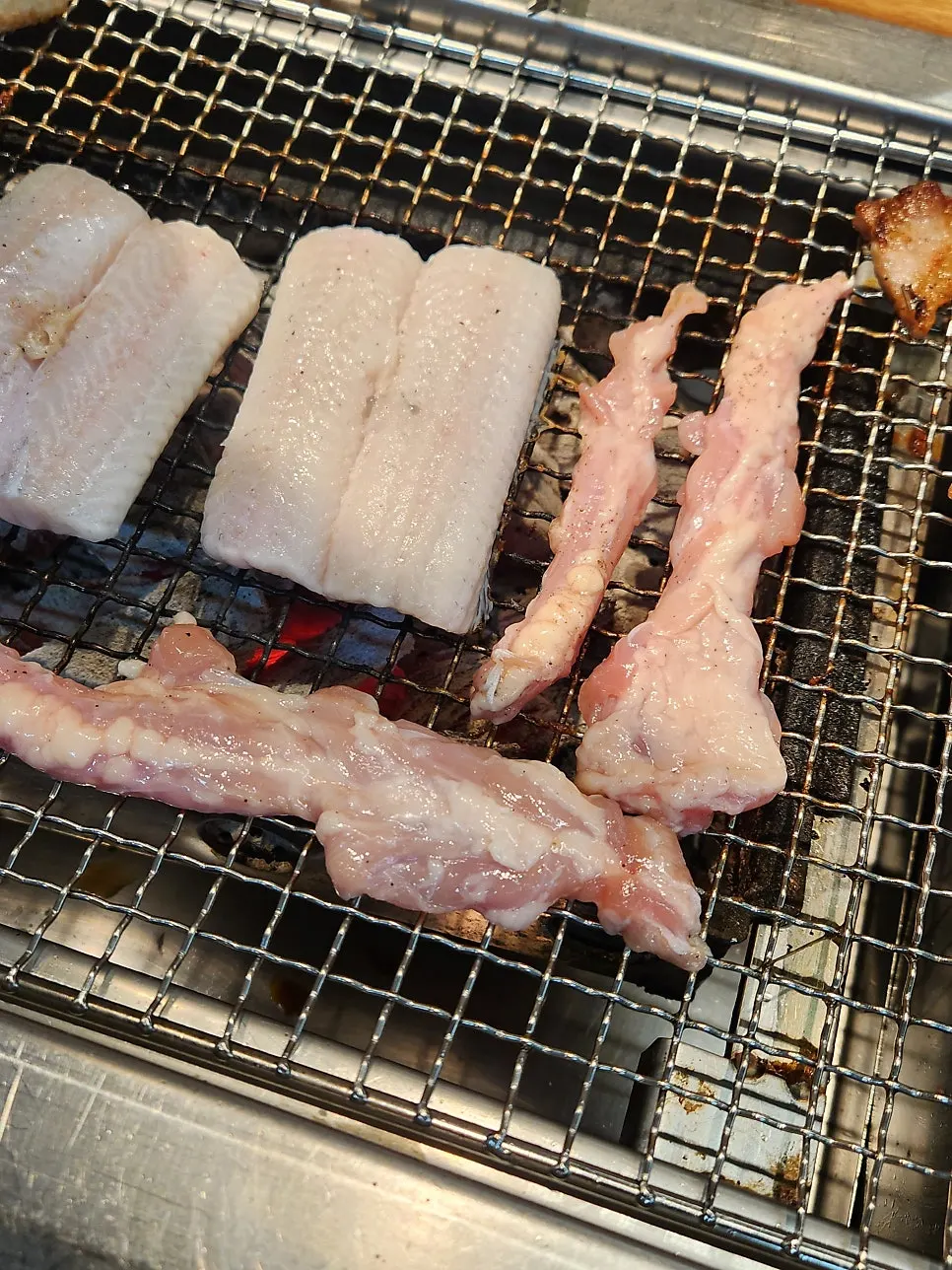 Pork belly and chicken thigh on the charcoal grill