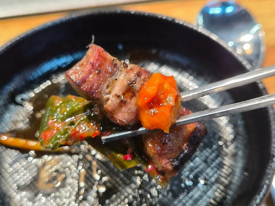 A piece of pork belly grilled to specialty-restaurant quality
