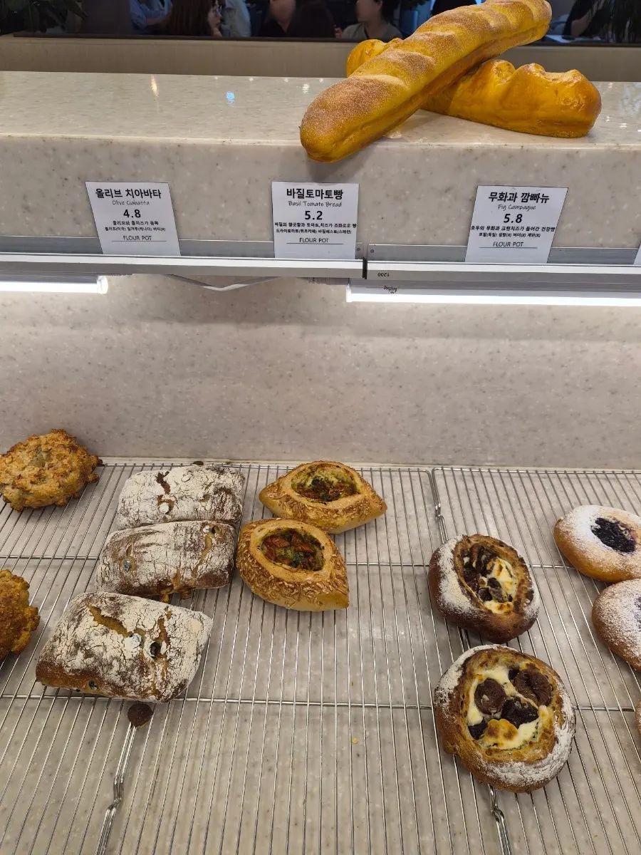 Bread display shelf with price tags