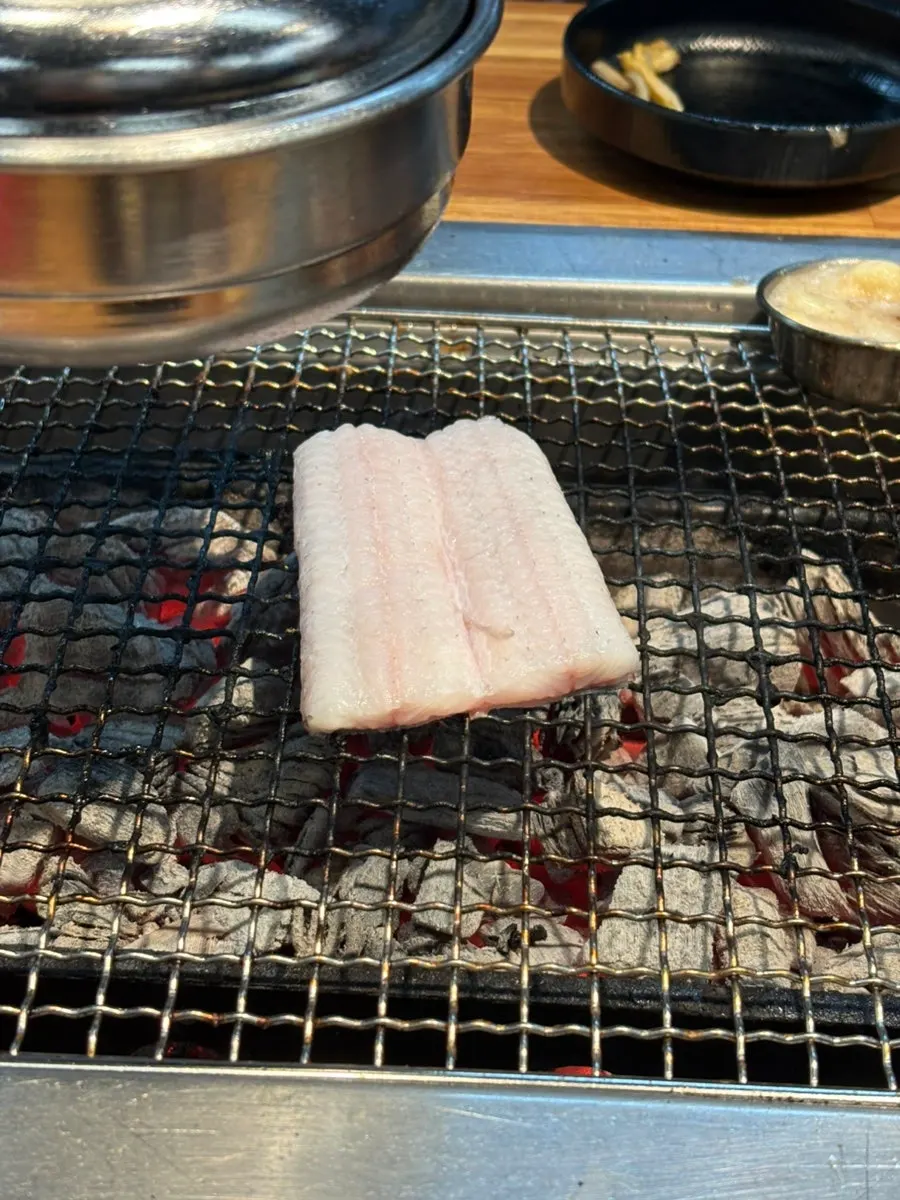 불판 위에 올린 오동통한 장어꼬리