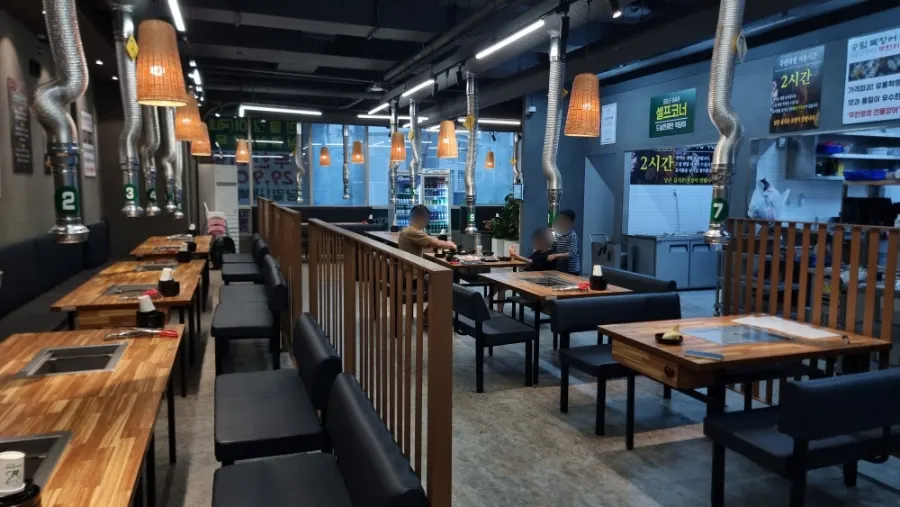 Spacious restaurant interior with several table layouts