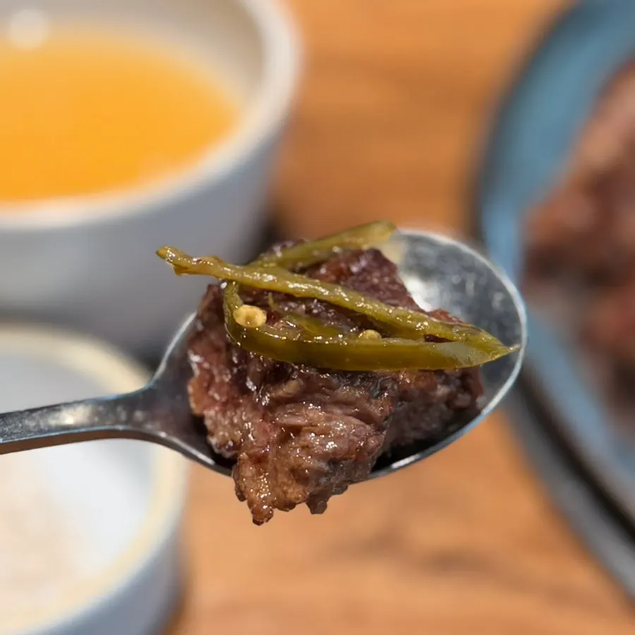 Flower ribs with shiitake wasabi and pickled chili peppers