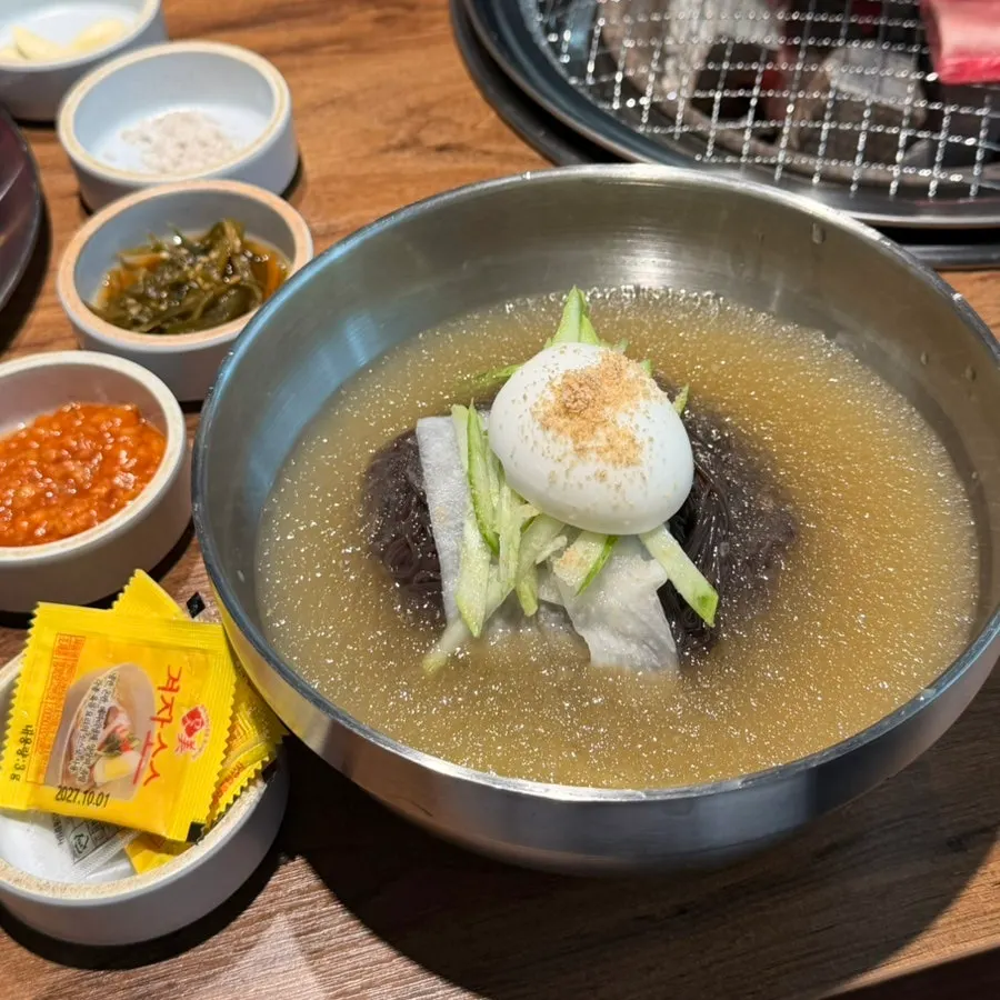 Mul naengmyeon topped with slivers of ice