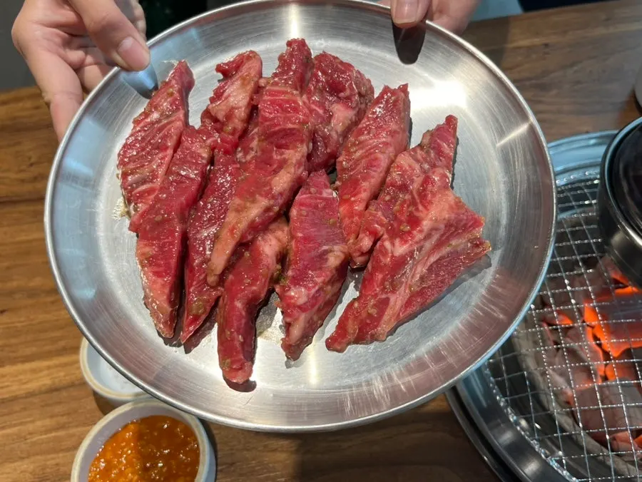 Red-hued marinated beef rib meat