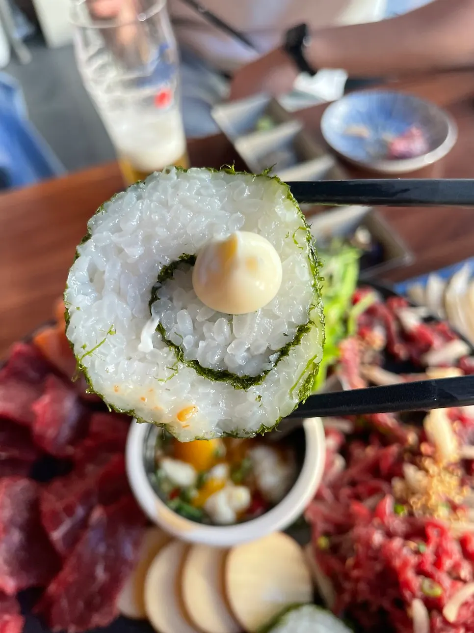 Close-up of a piece of sashimi from the Gisul platter