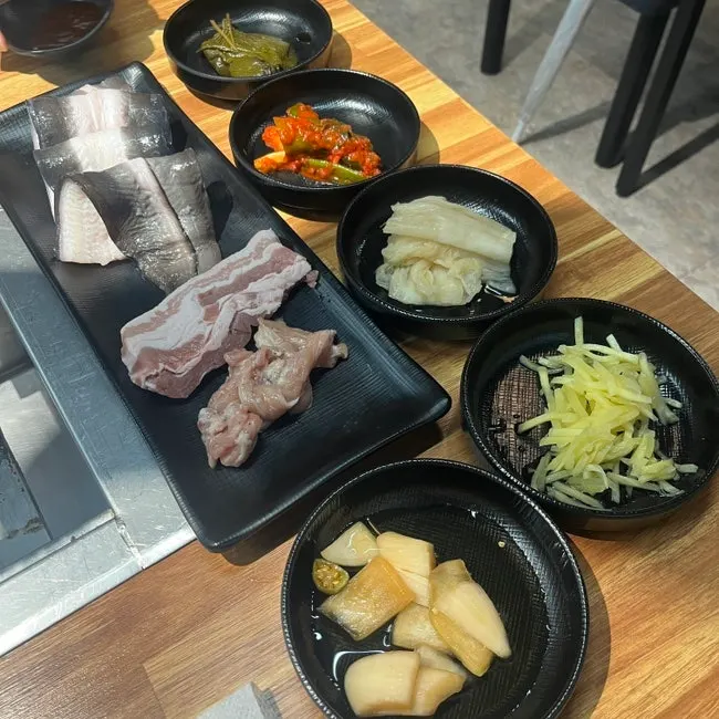 Basic set table spread with pork belly, eel and chicken neck