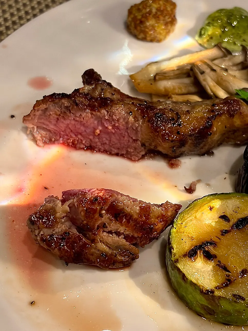 Cross-section of the lamb cooked medium rare
