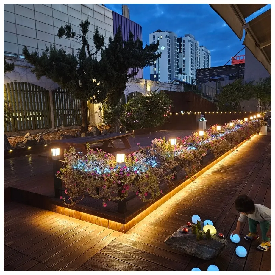 Rooftop terrace view with flower beds
