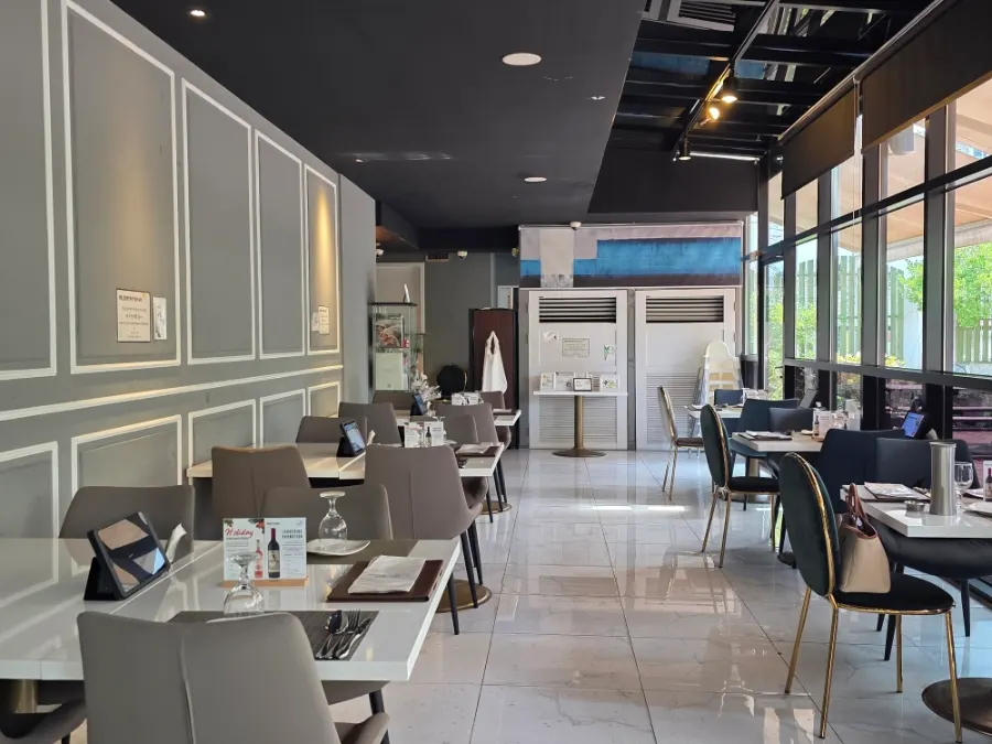 Interior view of the restaurant with soft lighting