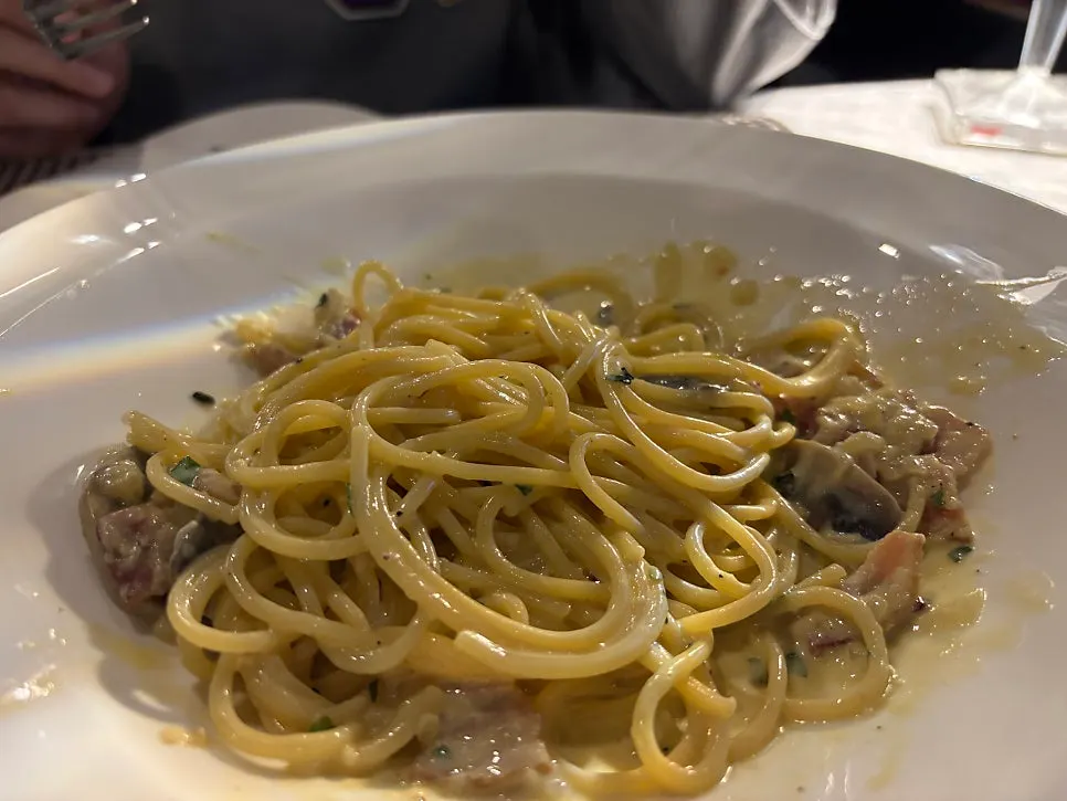 Carbonara noodles well coated in sauce