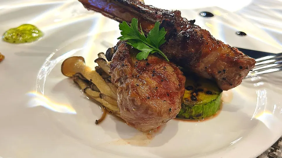 Cross-section of the lamb chop cooked medium rare