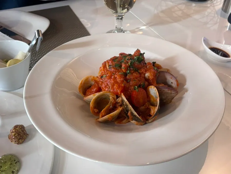 Seafood tomato spaghetti piled high with seafood