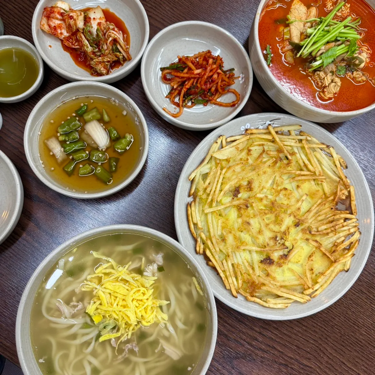 Generous spread of kalguksu and potato pancake