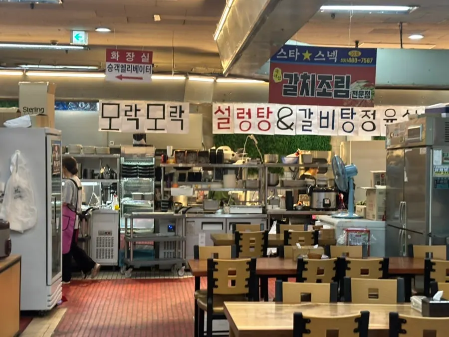 Corridor of the restaurant row inside the basement arcade