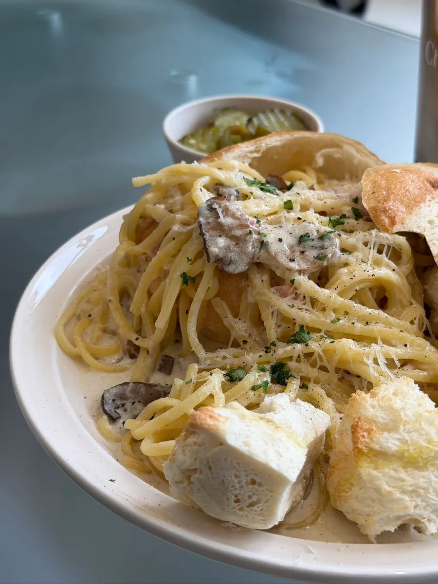 Close-up of the panne bacon cream pasta
