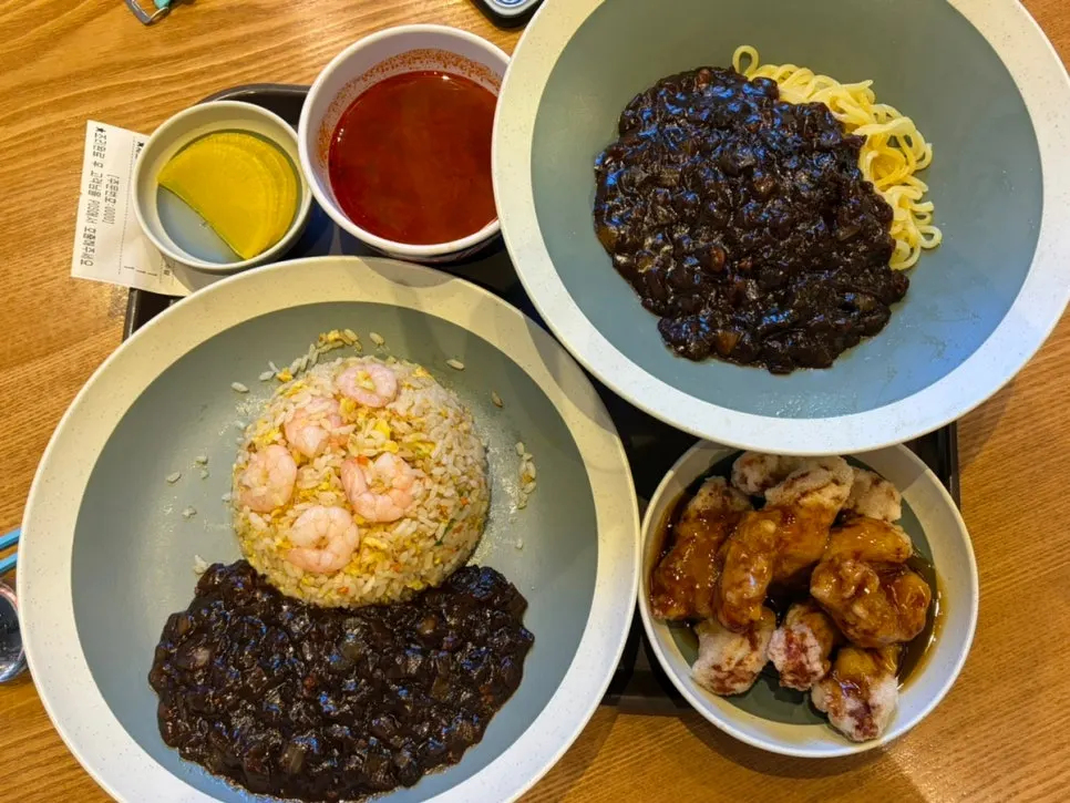 Tray with Chibao's jjajangmyeon, fried rice, and mini tangsuyuk set