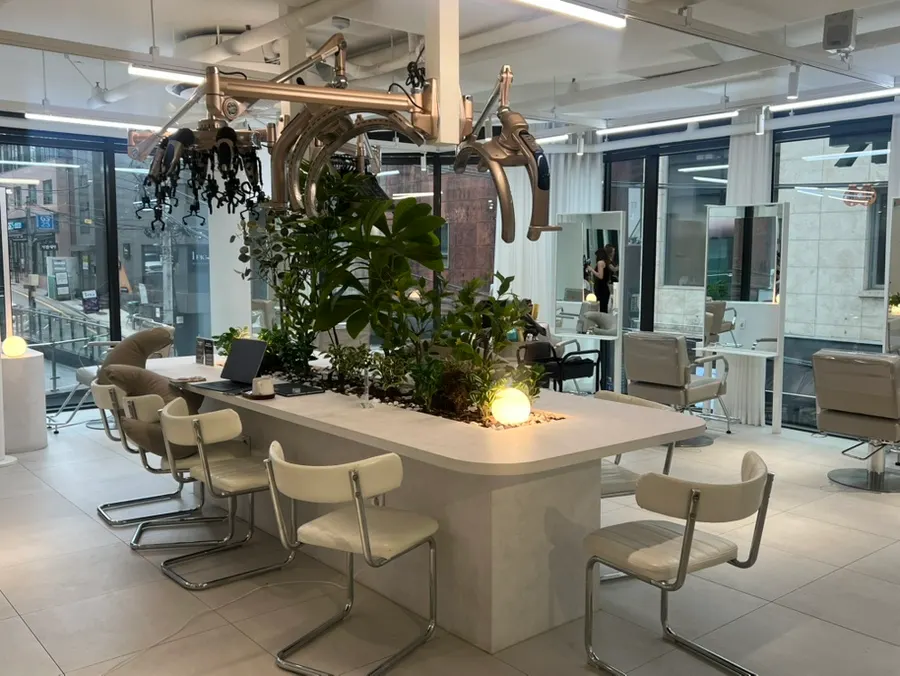 Lounge-style waiting table arranged with plants