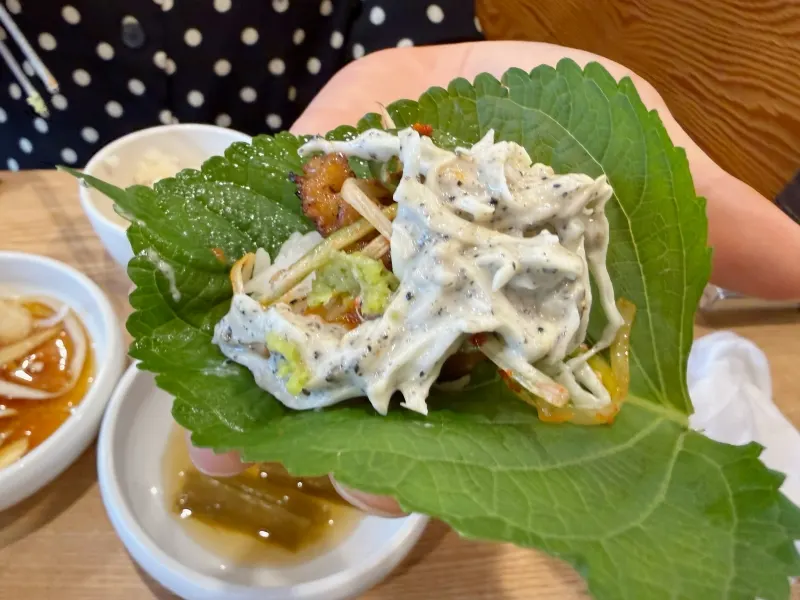 Black sesame salad and wasabi served with galbi