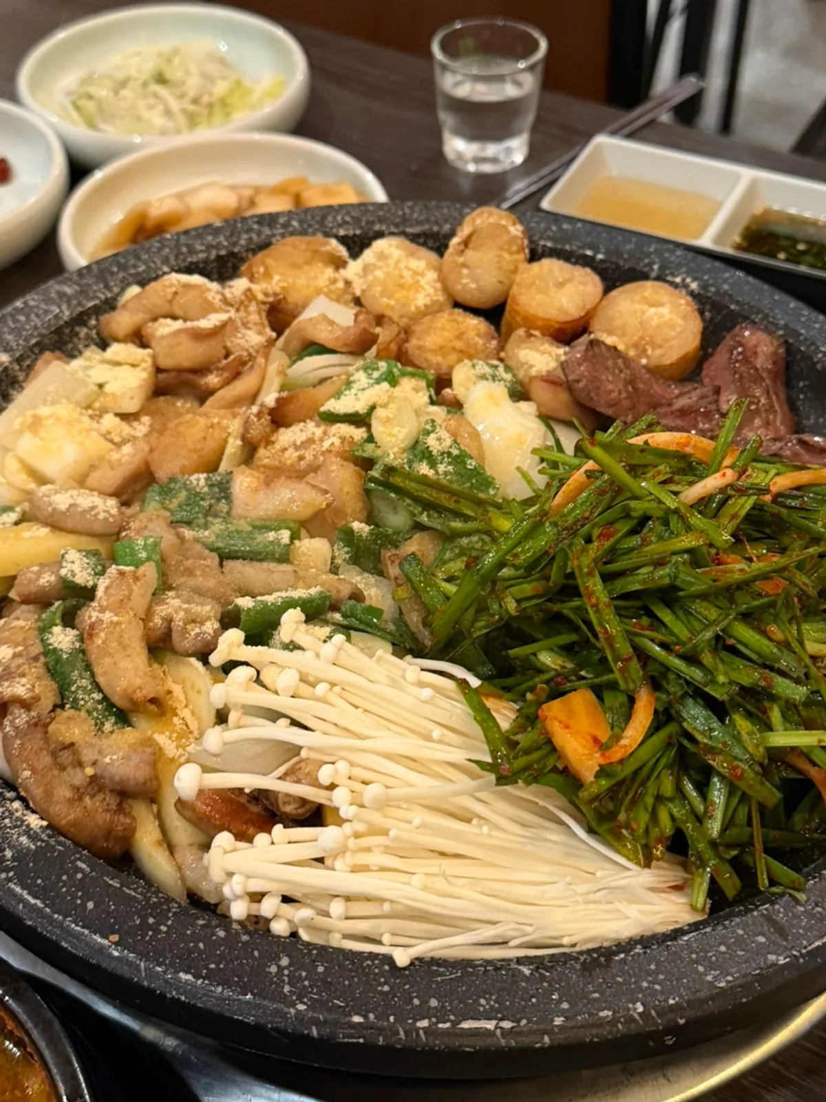 Assorted gopchang table setting at Ilmigop in Bisan-dong, Anyang