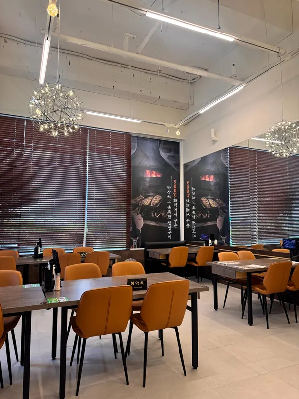 Dining hall with high ceilings and widely spaced tables