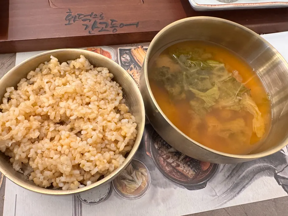 Full table setting of the boyang set for two with brown rice and doenjang soup