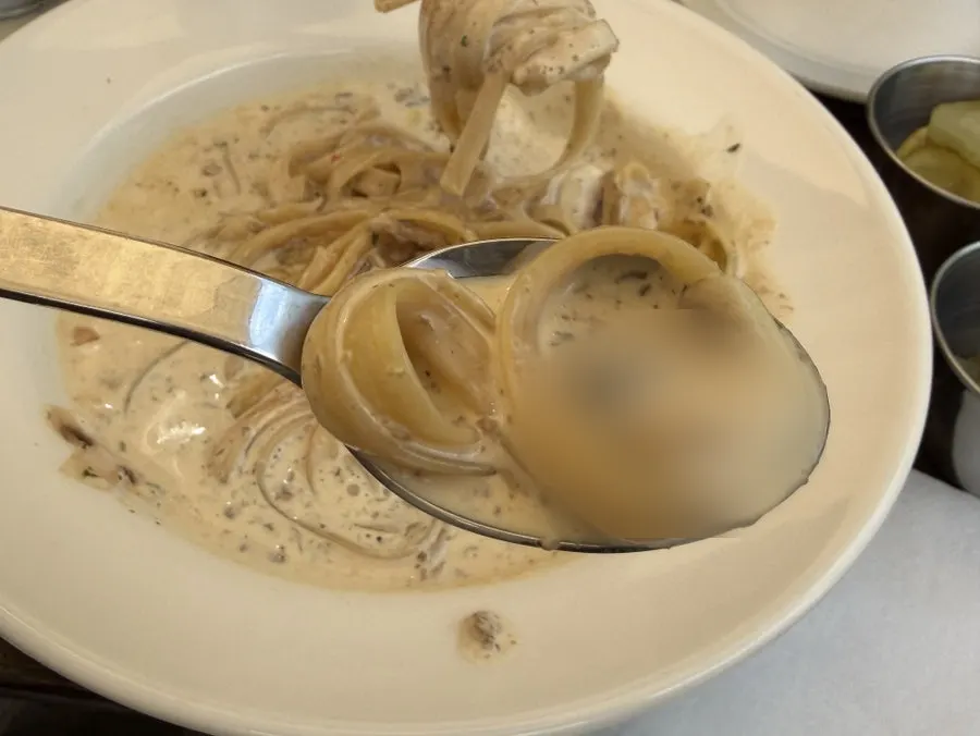 Fettuccine noodles topped with thick cream sauce