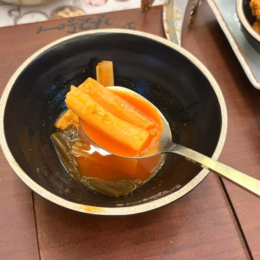 Soup and tteokbokki from the self-service bar