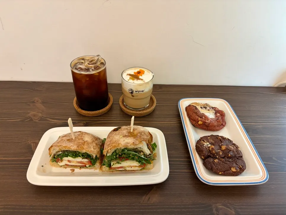 Caprese basil sandwich set with levain cookies and honey salt latte