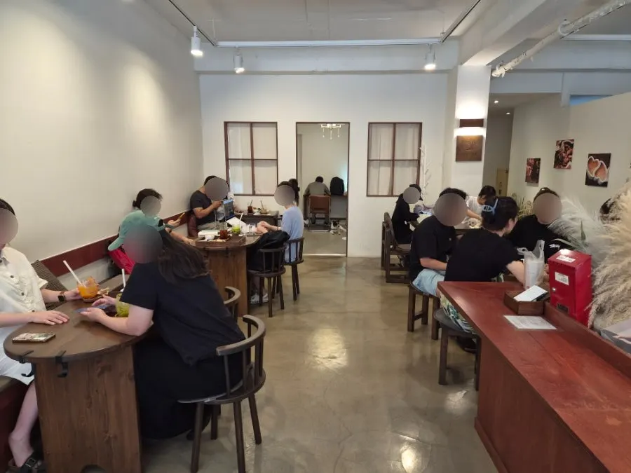 Dog-friendly seating inside Saechamcoffee