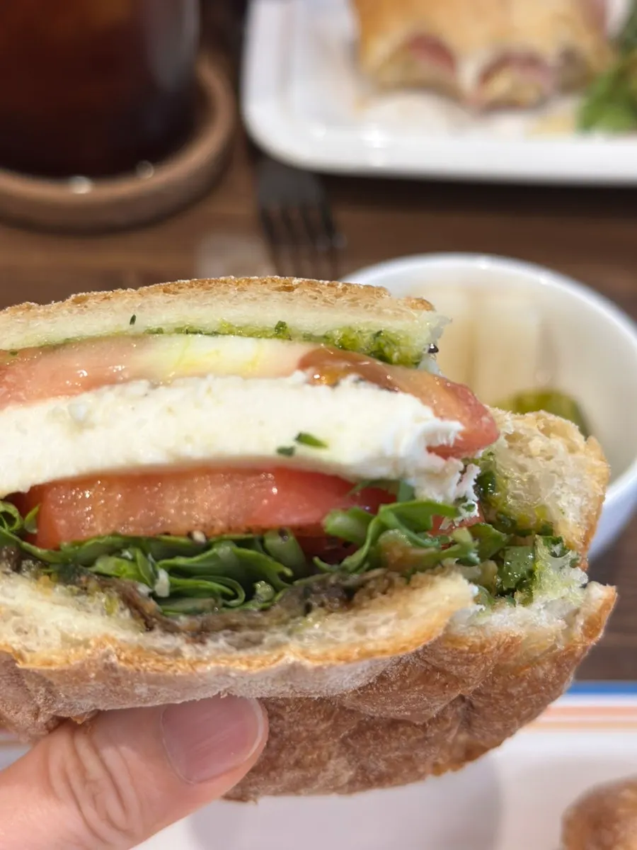 Sandwich showing thick fresh mozzarella cheese