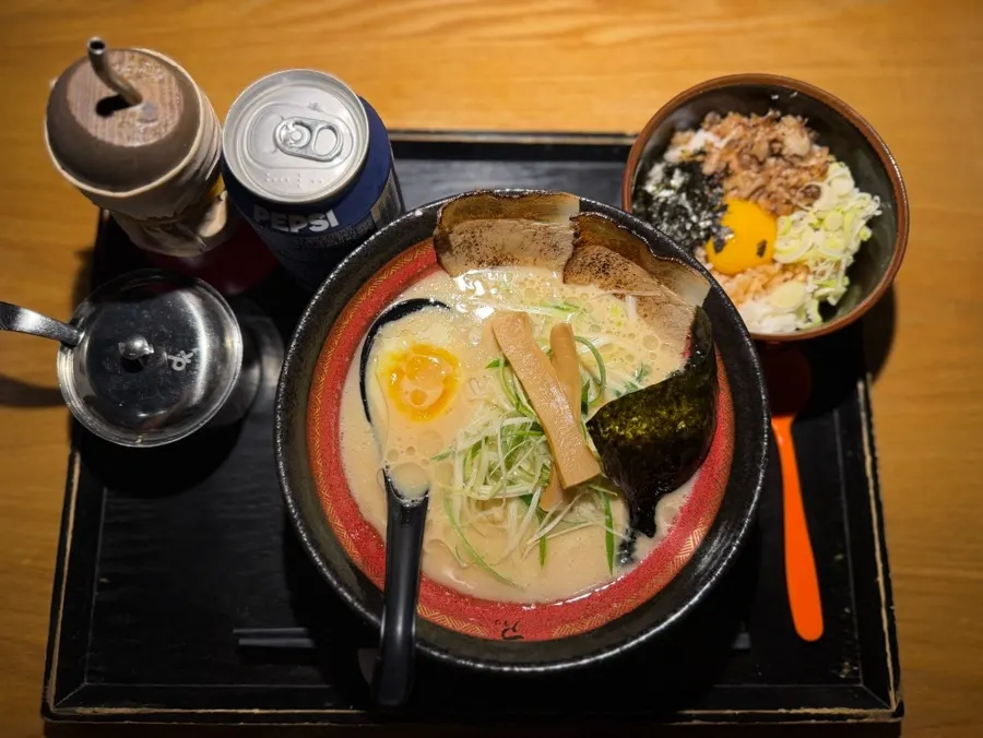 Close-up of the rich tonkotsu broth in the ramen