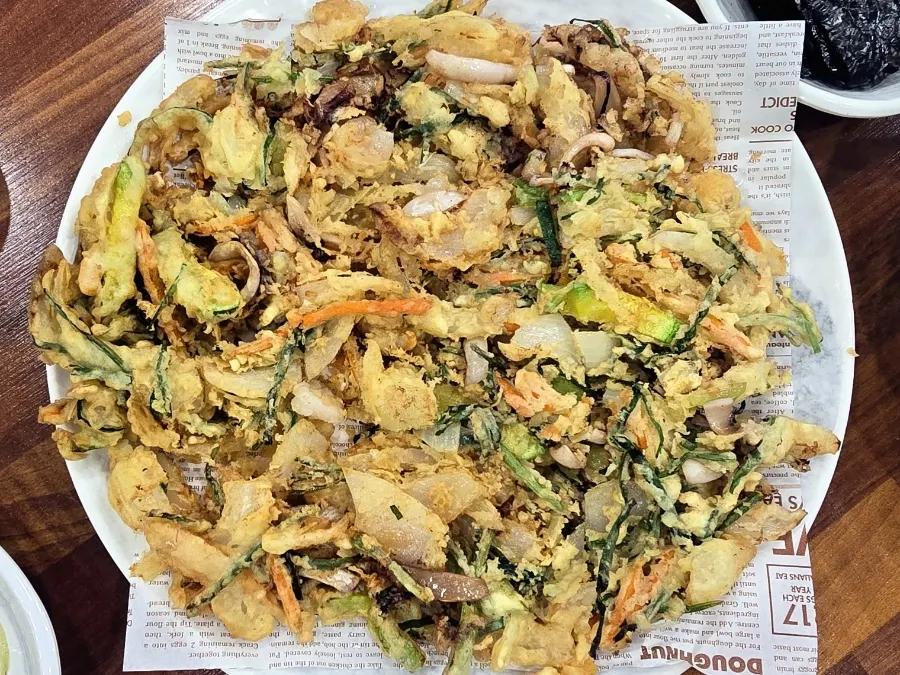 A thick plate of crispy seafood pancake