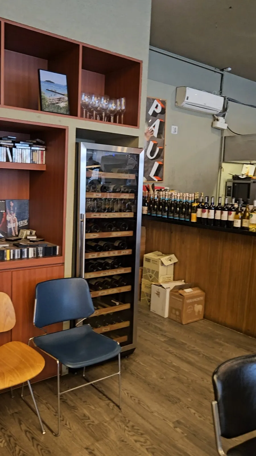 Wine varieties displayed in the café