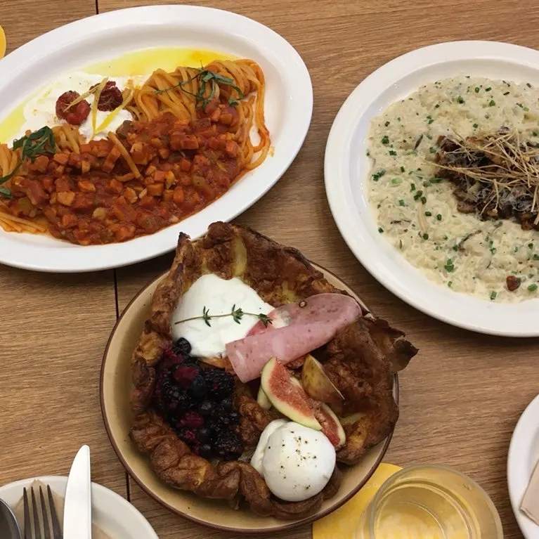 Full brunch spread ordered at Mild High Club